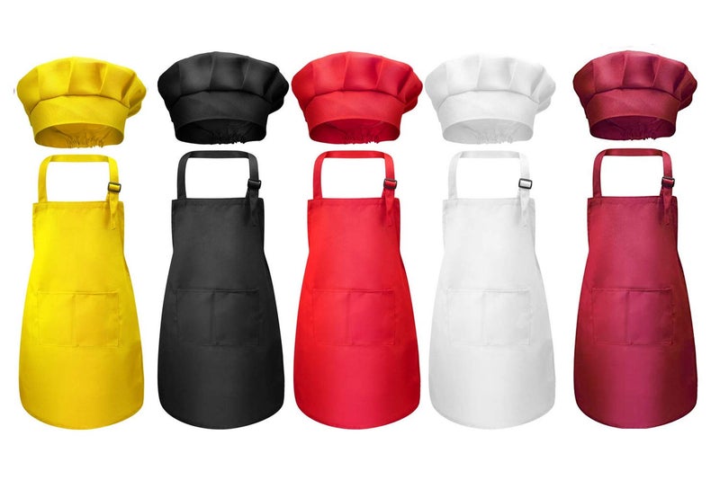 Tamicy 10 Pieces Kids Chef Hat and Apron Set - Child Kitchen Bib Aprons with Pockets Girls Boys Chef Hats for Cooking Baking Gardening Painting Wear (Black White Wine Red Yellow Red) - Image 2